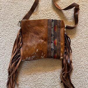 Brown Hair-on-Hide Fringe Crossbody Bag with Southwestern Accent